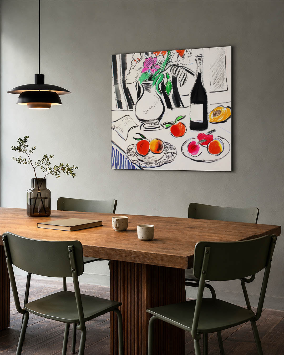 Vrolijke tafelsetting kunstwerk – tweede productweergave – dit werk toont een levendige tafel met fruit, bloemen en een fles.