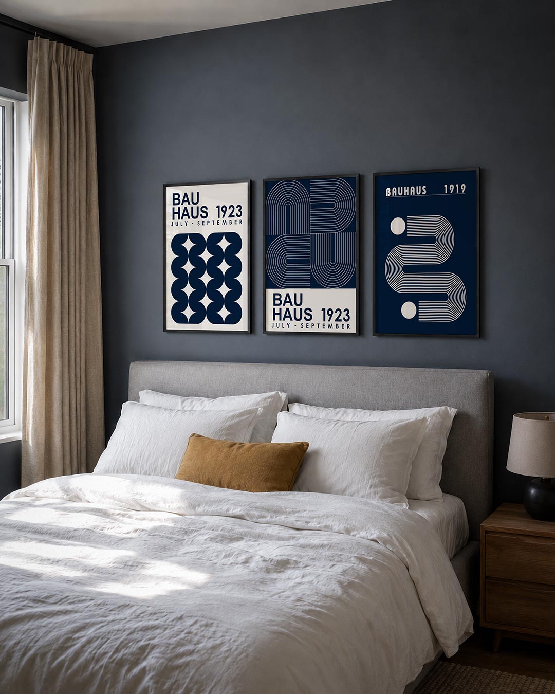 Vorm en ritme posterset – derde productweergave – donkerblauwe vormen creëren een ritmisch patroon op een witte achtergrond.