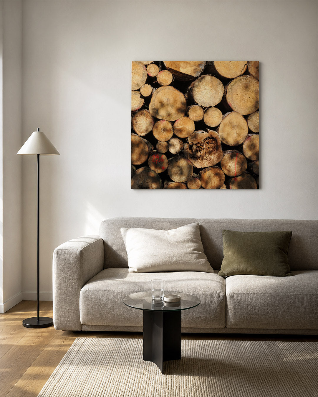Houtstapel textuur kunstwerk – vierkante wanddecoratie – deze kunstwerk toont een verzameling boomstammen met zichtbare