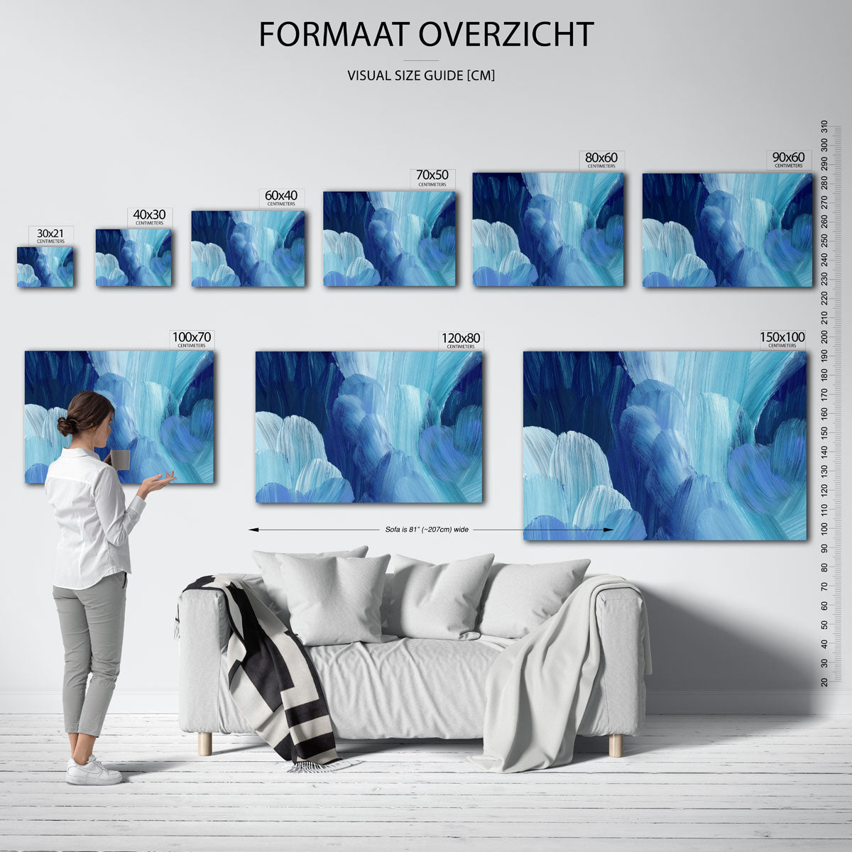 Blauwe penseelstreken – liggende muurposter met artistieke uitstraling
