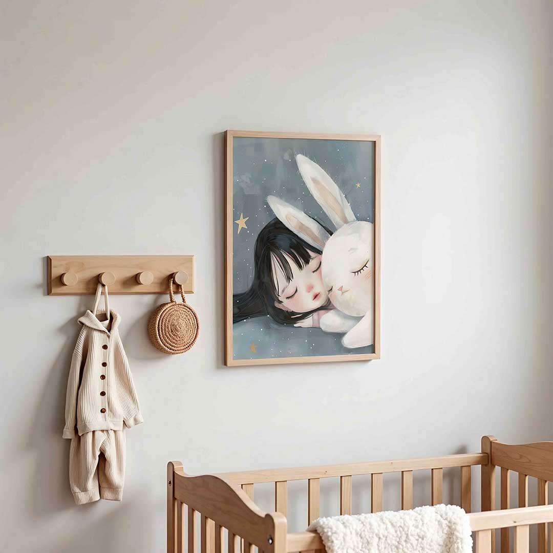 Slapend meisje met konijn – kinderposter in staand formaat