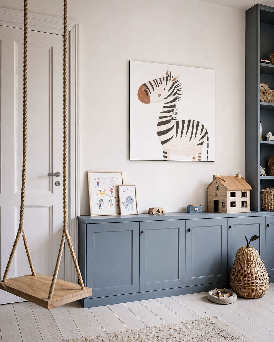 Speelse illustratie kunstwerk – vierkante wanddecoratie – dit werk toont een speelse zebra met eenvoudige lijnen en zachte