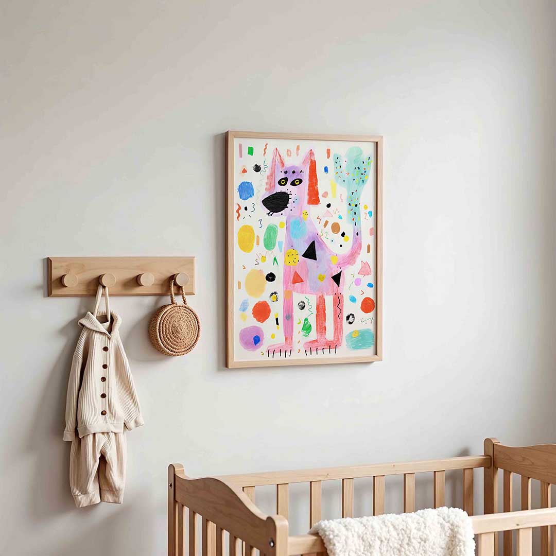 Speelse hond met kleurrijke vormen – kinderposter in staand formaat