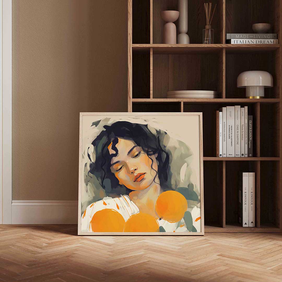 Vrouw met sinaasappels – portret poster in vierkant formaat