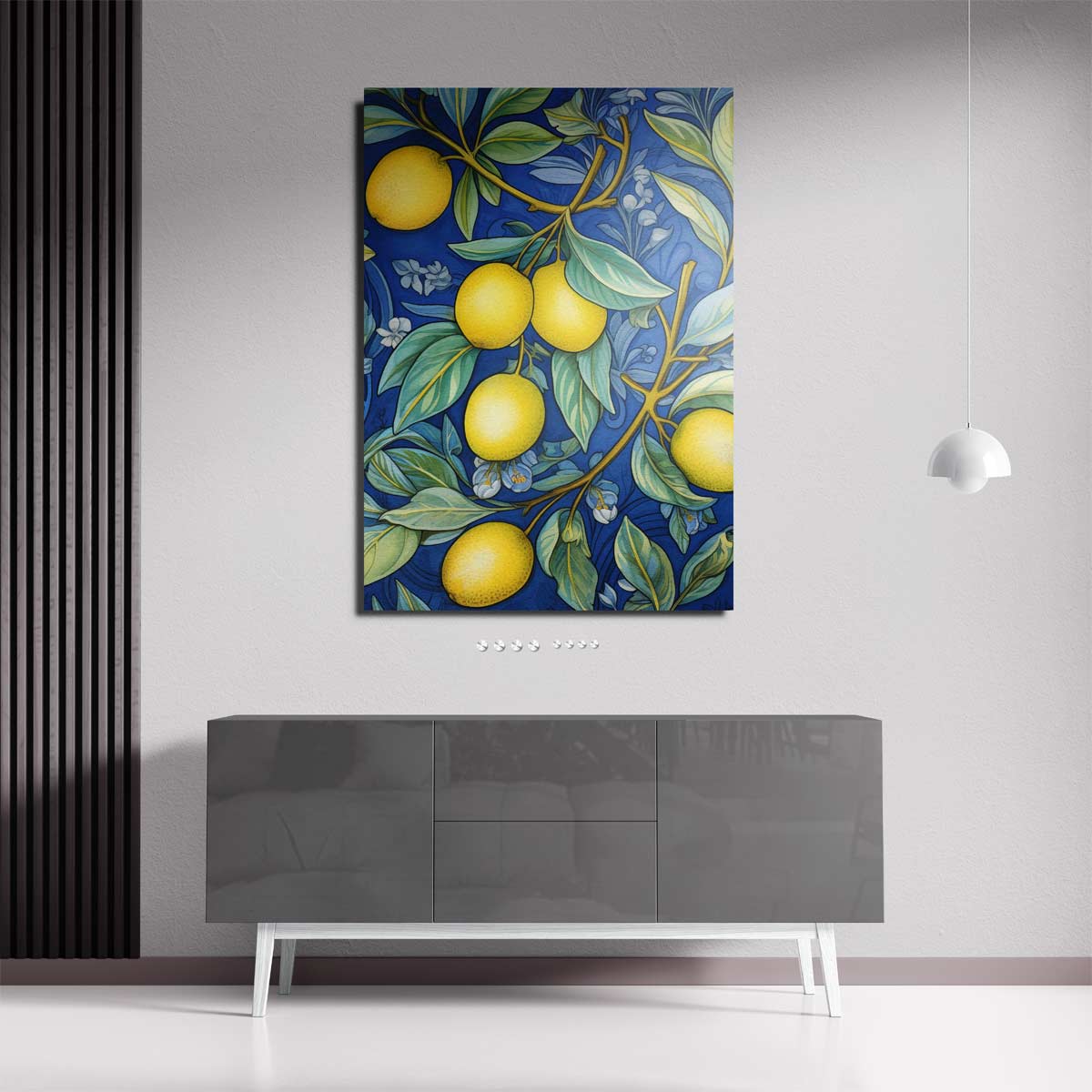 Kleurrijke Citroen Illustratie op Blauw – staande wandkunst voor woonkamer of interieur