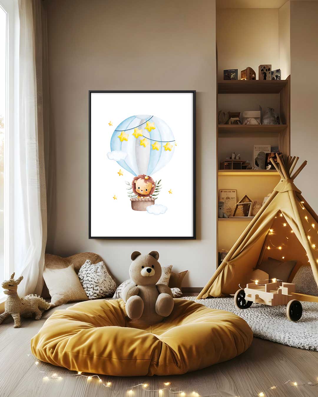 Lieve Leeuw in Luchtballon – staand kunstwerk voor modern interieur