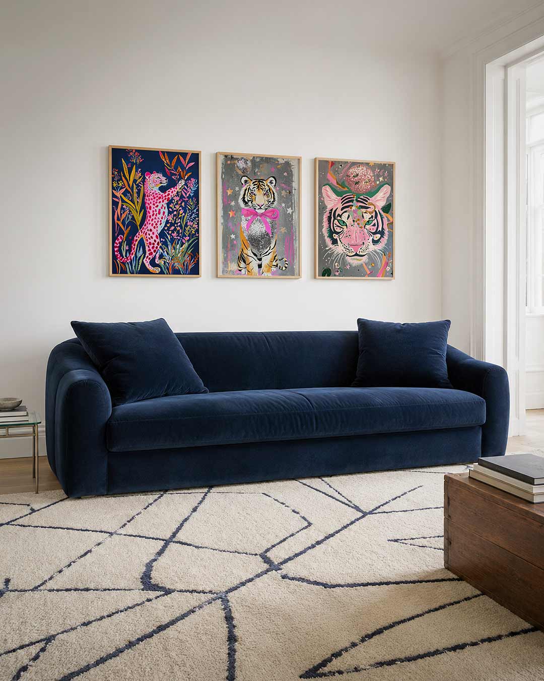 Kleurrijke dierenscène driedelige posterset – een levendige compositie met een roze gevlekt dier omringd