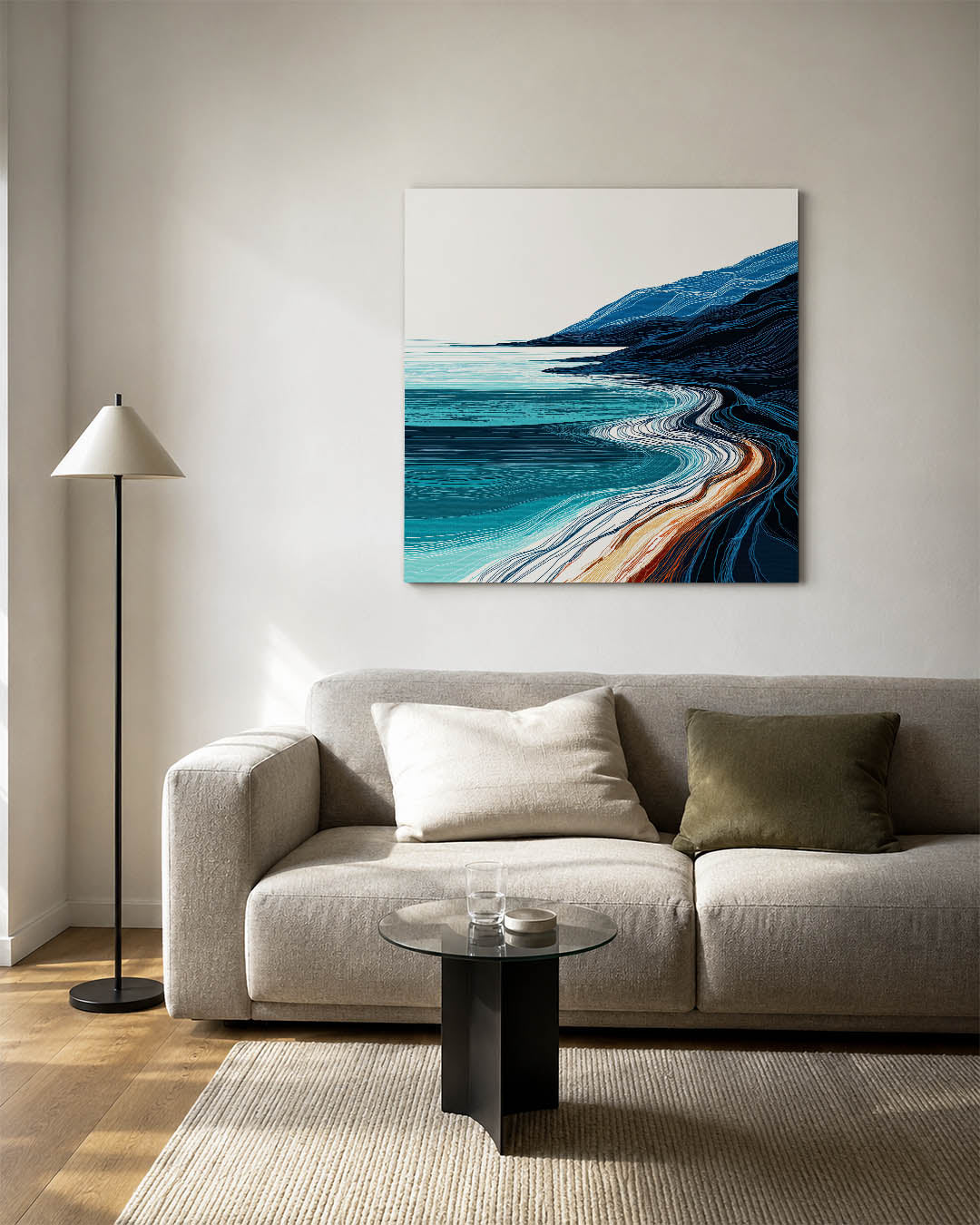 Golvende kustlijnen kunstwerk – vierkante wanddecoratie – dit werk toont vloeiende lijnen die een kustlandschap vormen, met