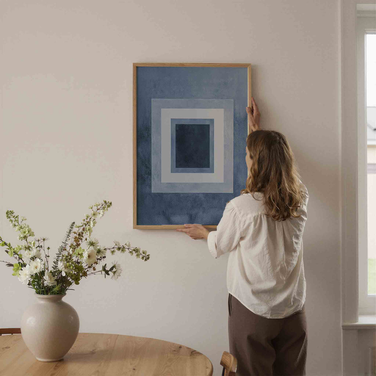 Blauwe vierkanten – botanische wandkunst als portret poster
