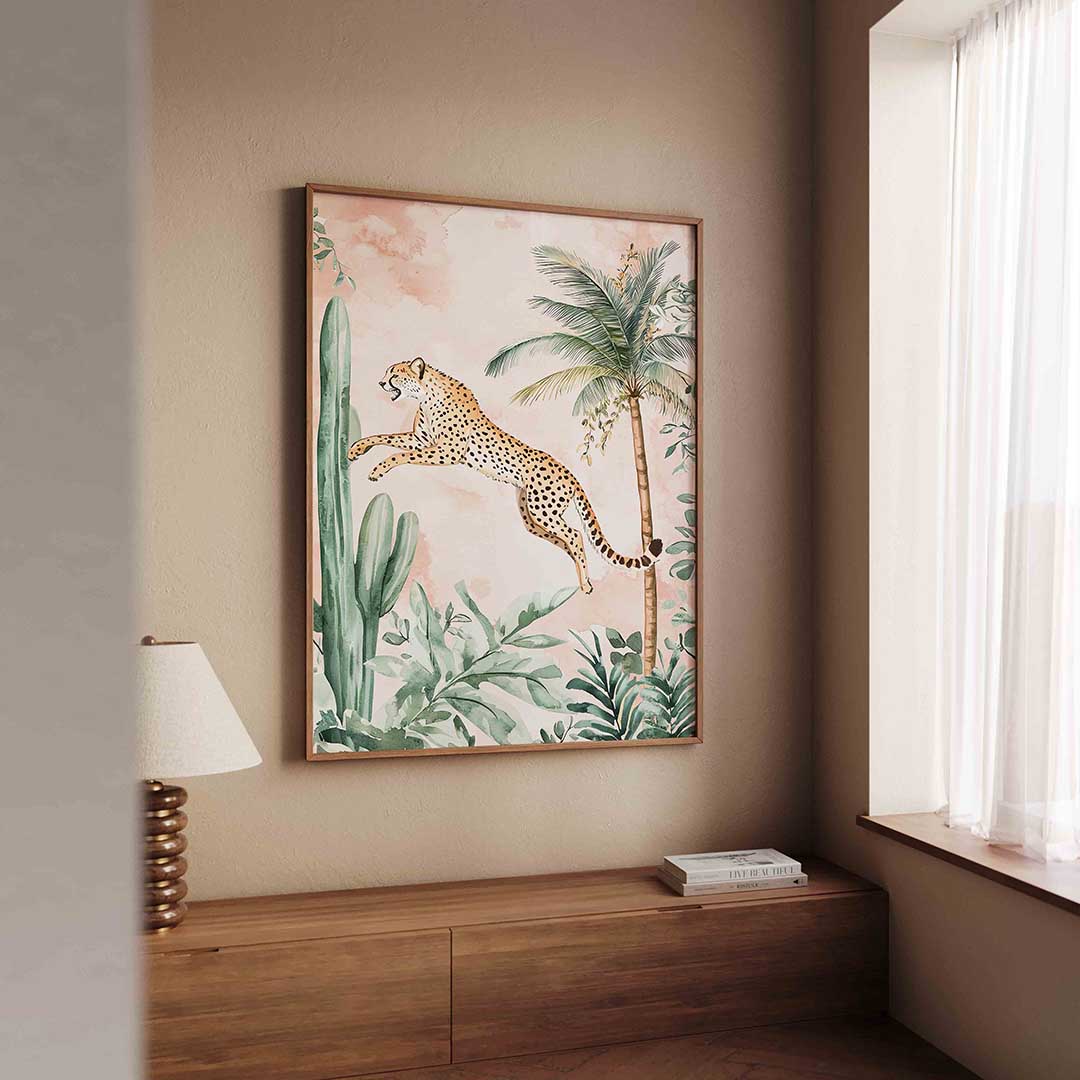 Springende luipaard – dierenillustratie als portret poster