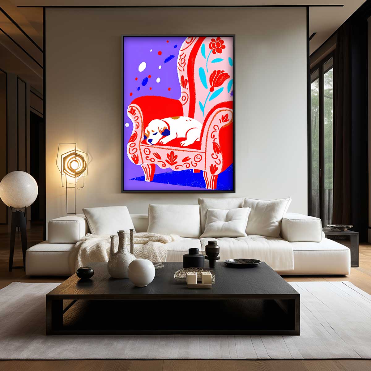 Slapende Hond op Rood Stoel – staand kunstwerk voor modern interieur