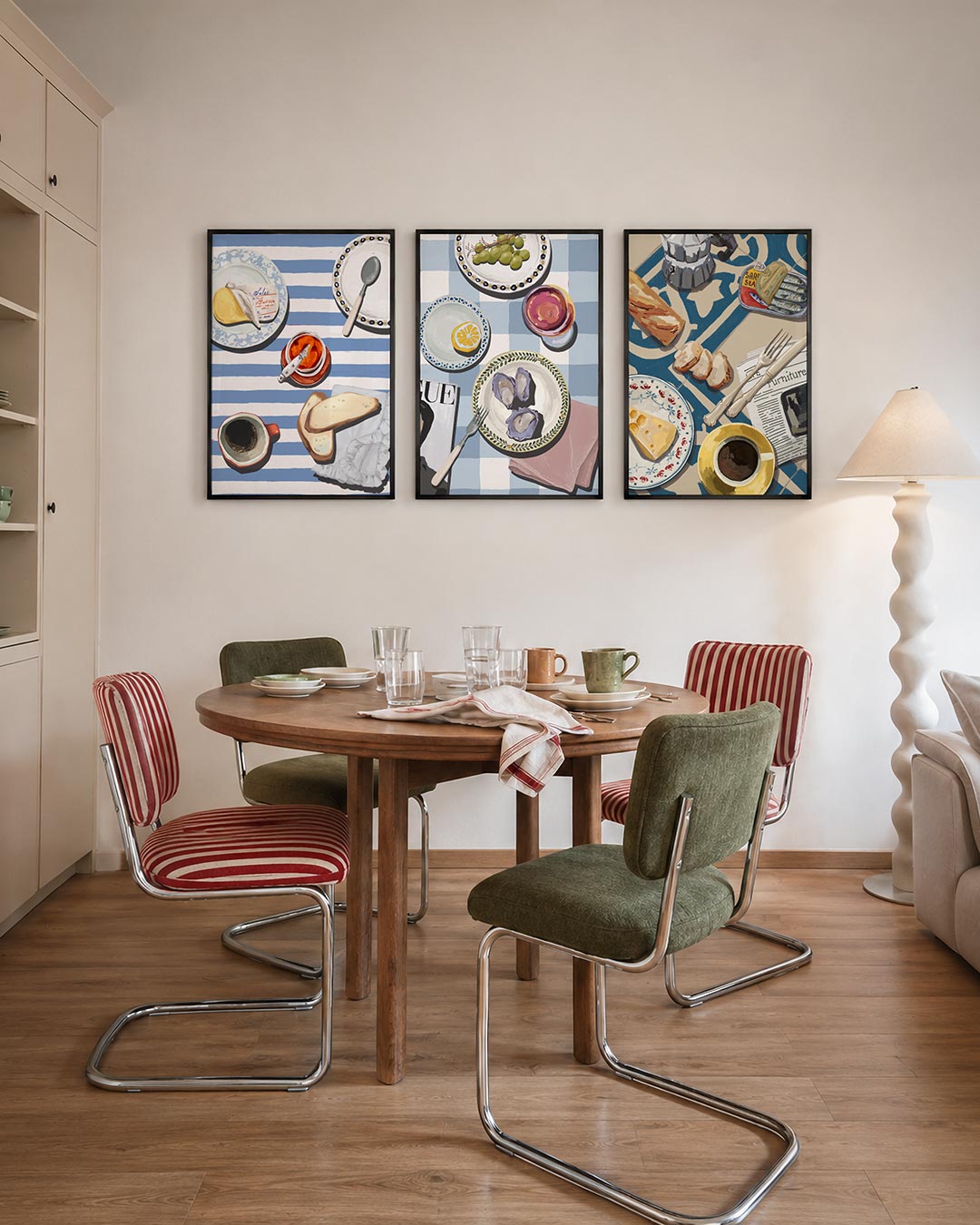 Ontbijt op strepen driedelige posterset – deze driedelige postercombinatie toont een speels
