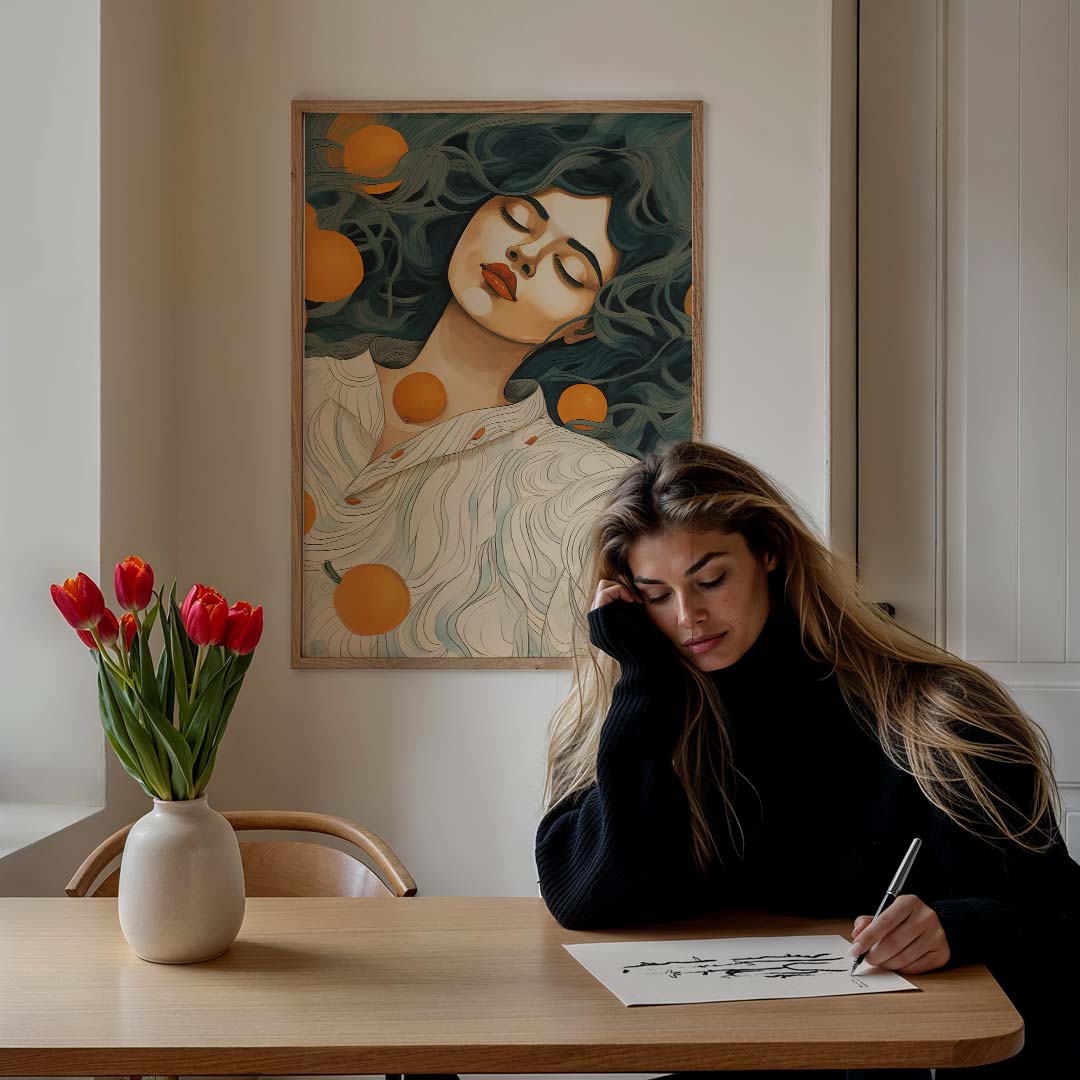 Dromerige Vrouw met Sinaasappels – staande vrouwelijke wanddecoratie van WallArtistic