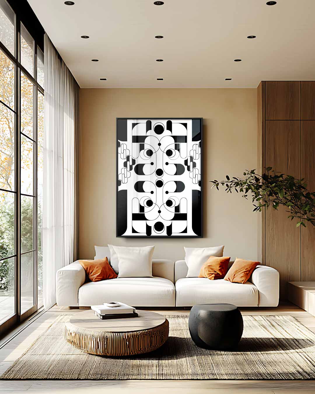 Geometrische Zwart-wit Harmonie – staande wandkunst voor woonkamer of interieur