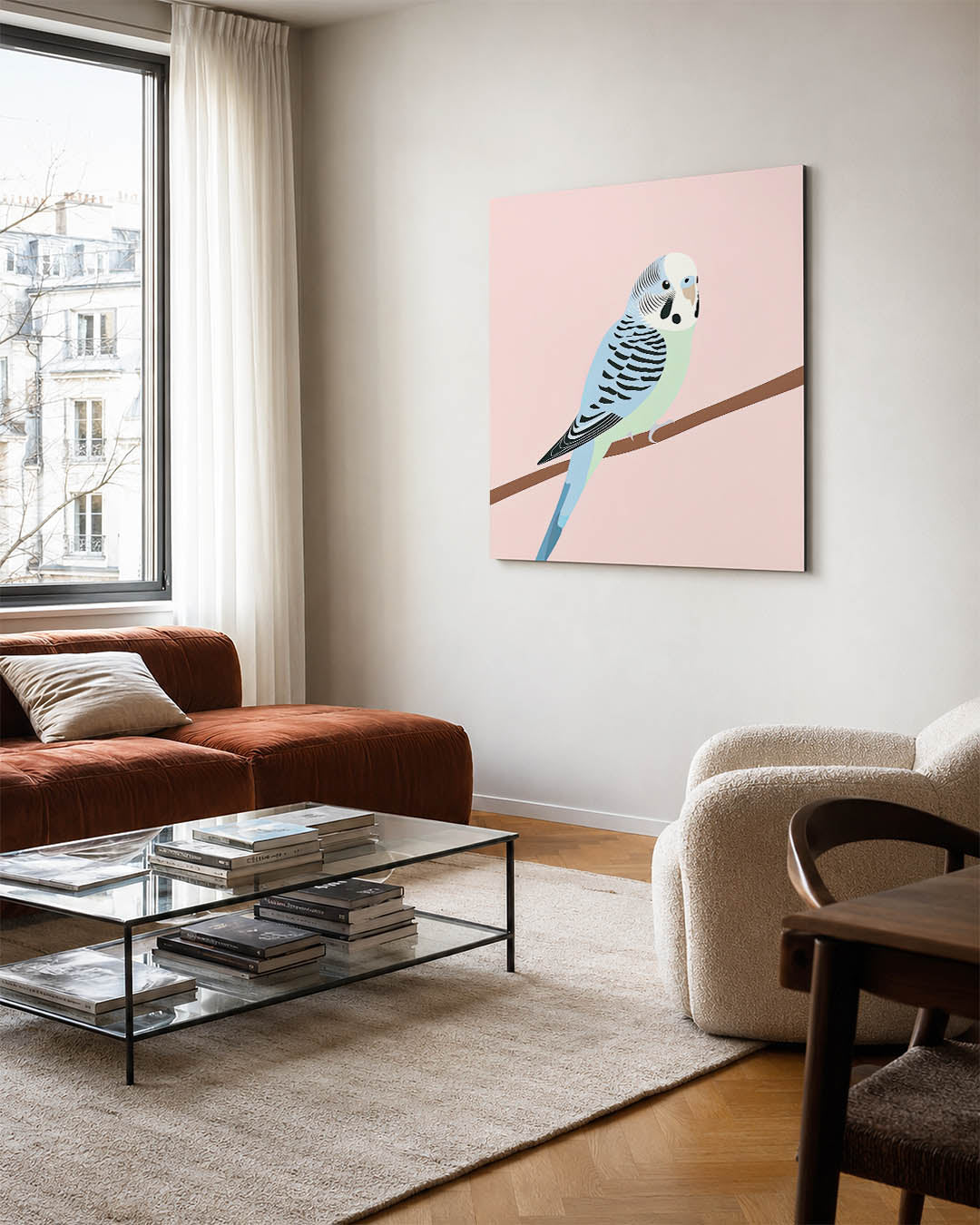 Vogel op tak kunstwerk – vierkante wanddecoratie – dit kunstwerk toont een vogel met subtiele lijnen en zachte kleuren