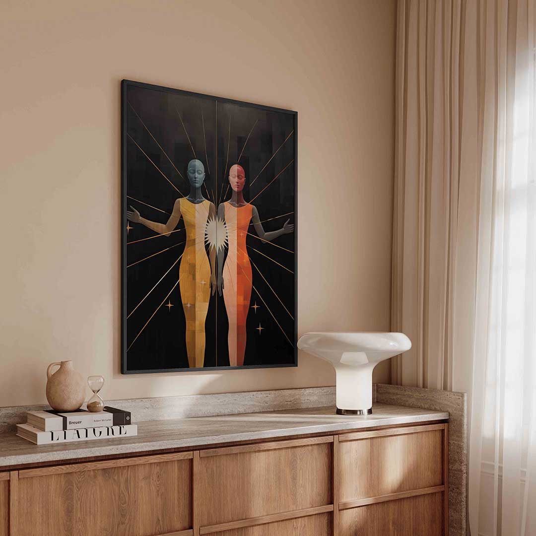 Twee figuren met stralen – surreal poster in staand formaat