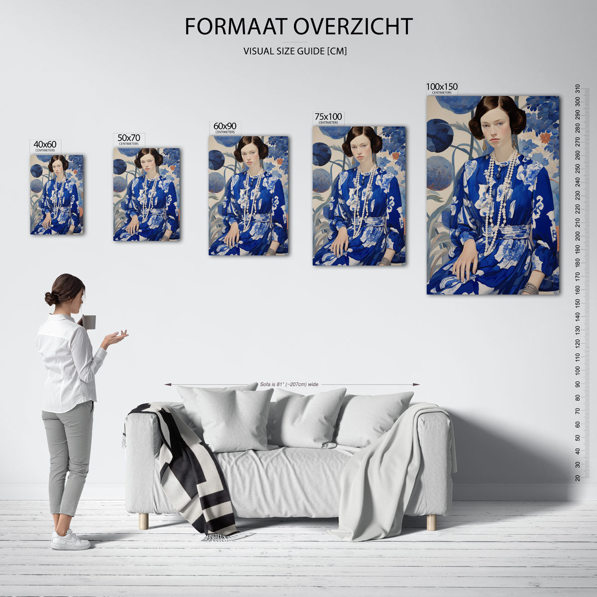 Vrouw in blauwe jurk – staand wanddecoratie kunstwerk