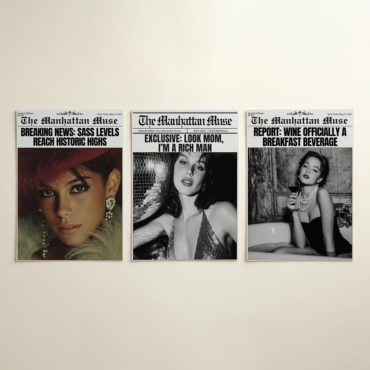 Portret en headlines driedelige posterset in interieur