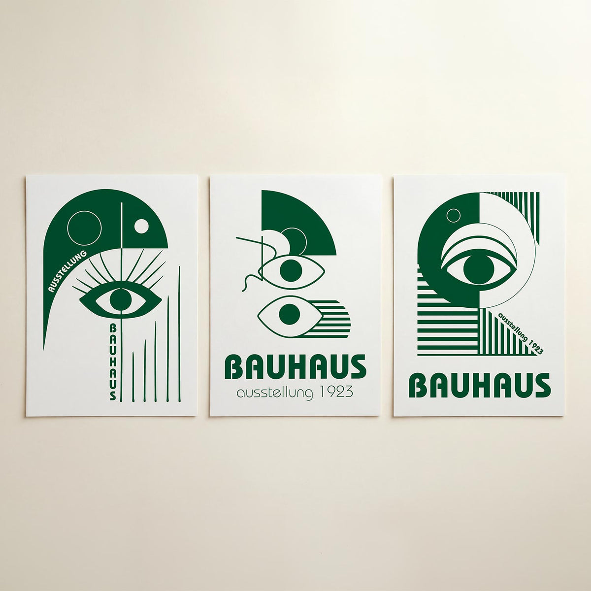 Oog en lijnen posterset – detailweergave – een groene halve cirkel met een oog in het midden, omringd door strakke lijnen en