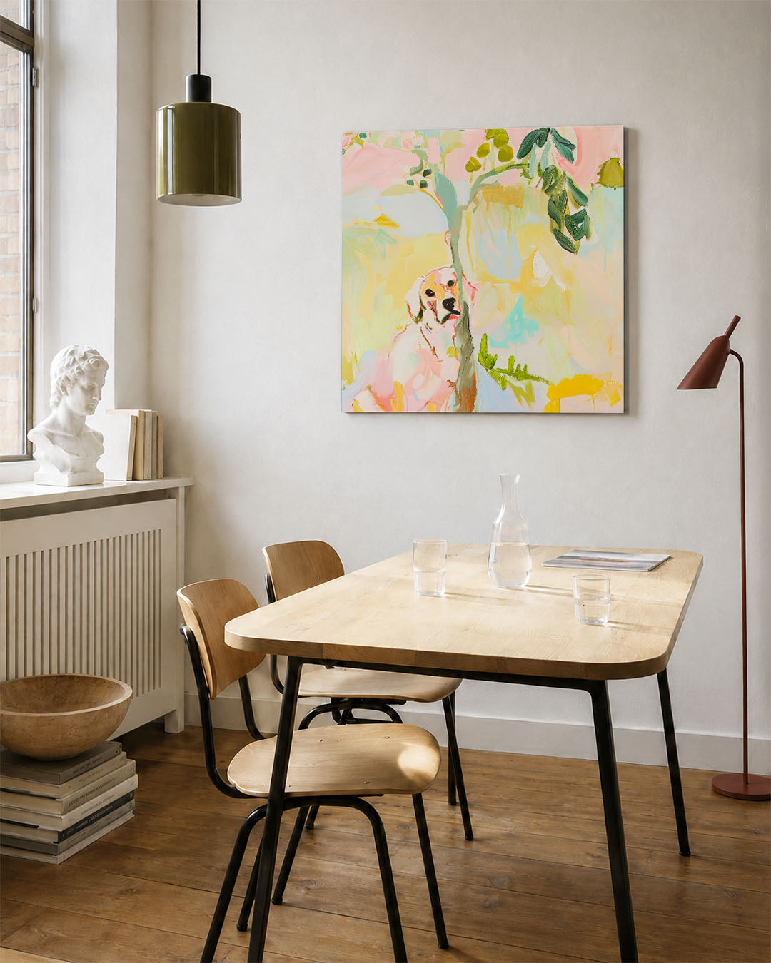 Vrolijke kleurenhond kunstwerk – vierkante wanddecoratie – dit kunstwerk toont een hond omringd door levendige kleuren en