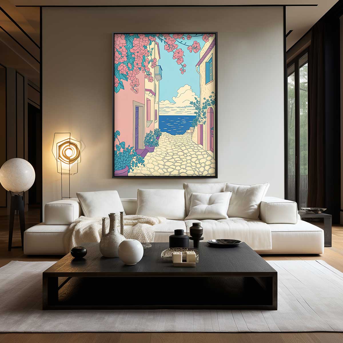 Zomerse Straat aan Zee – kunstwerk met zwarte baklijst