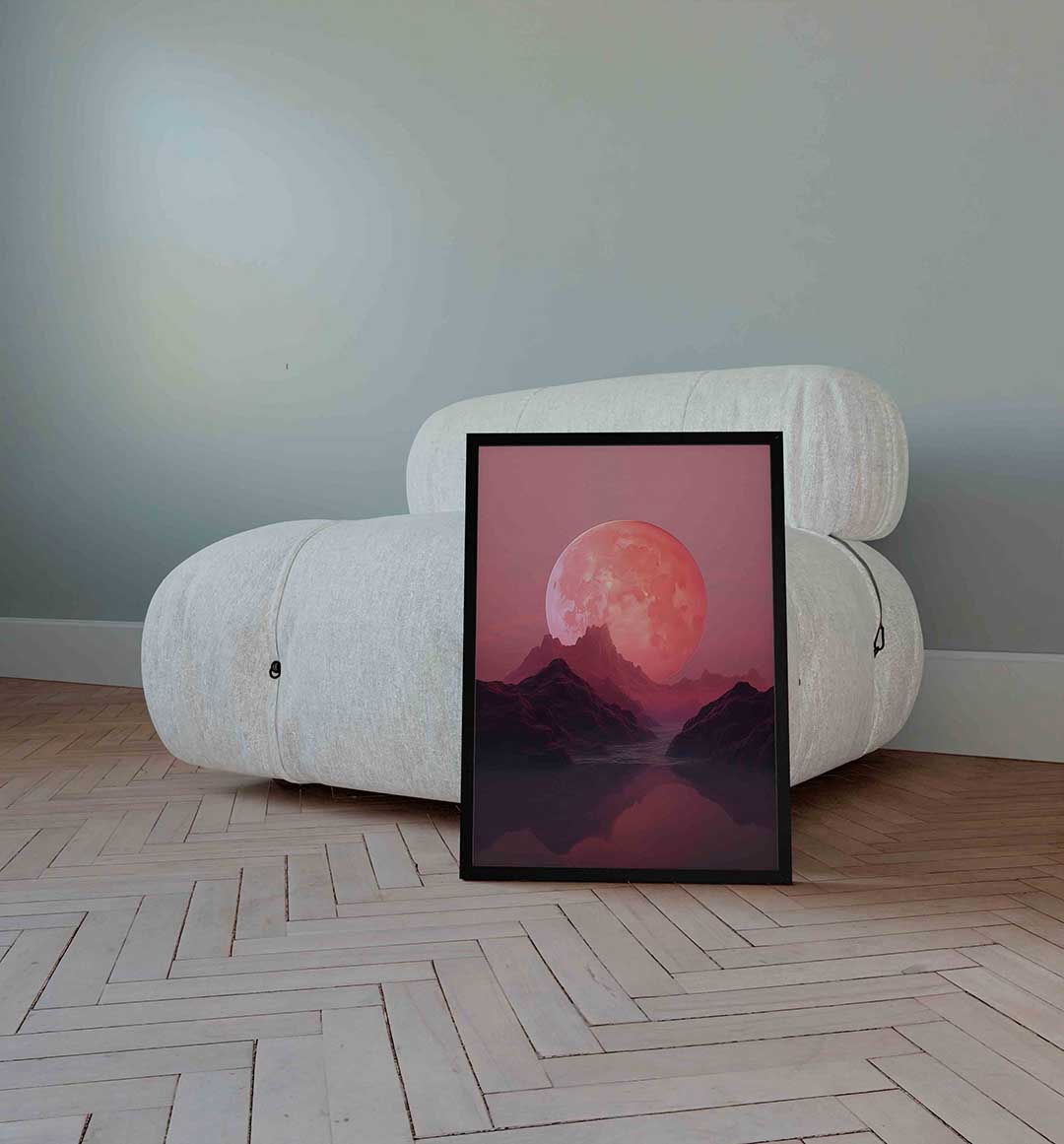 Roze maanlandschap – surrealistische wandkunst als portret poster