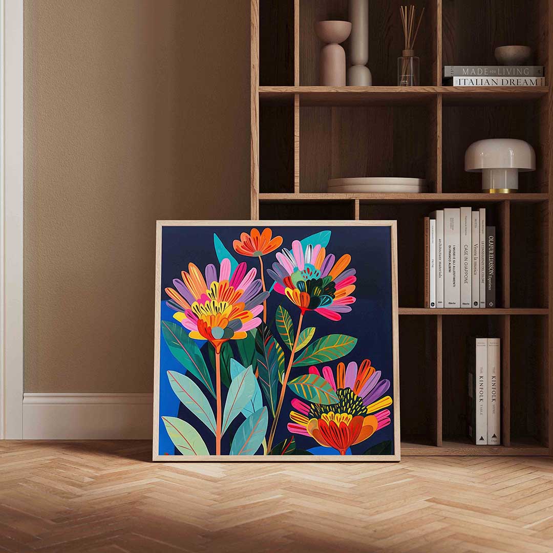 Bloemen en bladeren – kleurrijke vierkante wanddecoratie van WallArtistic