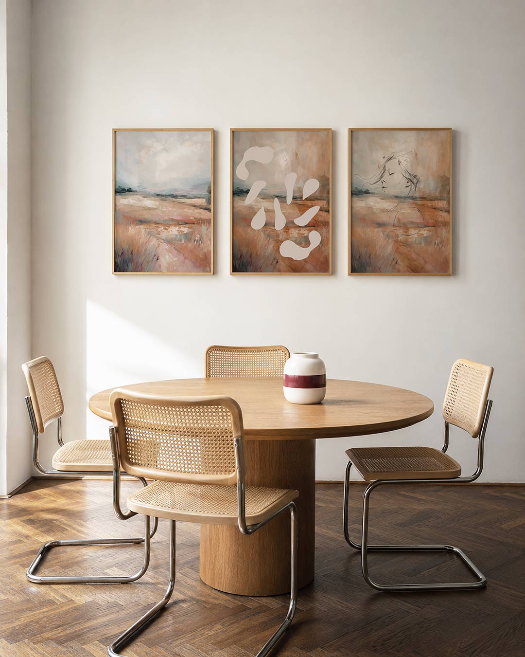 Zachte landschapstonen – driedelige posterset in interieur