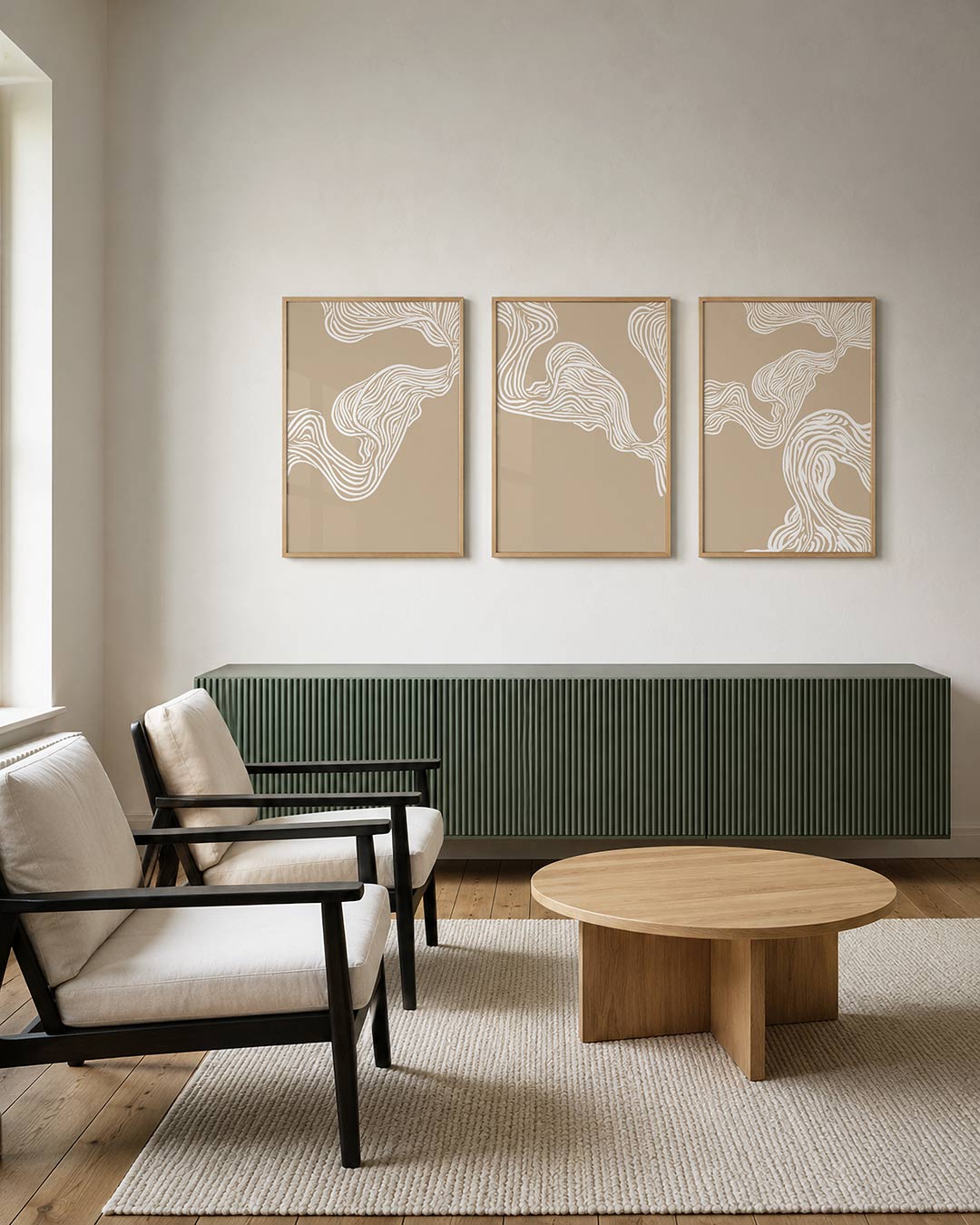 Golvende lijnen – deze posterset toont vloeiende witte lijnen op een beige achtergrond – weergave 3