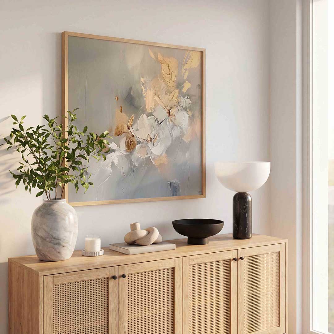 Bloemmotief in beige – kleurrijke poster in vierkant formaat