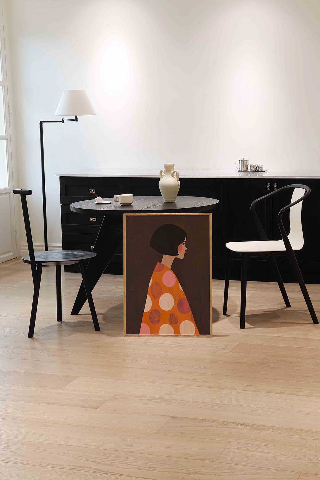Vrouw met stippenjas – moderne wandkunst als portret poster