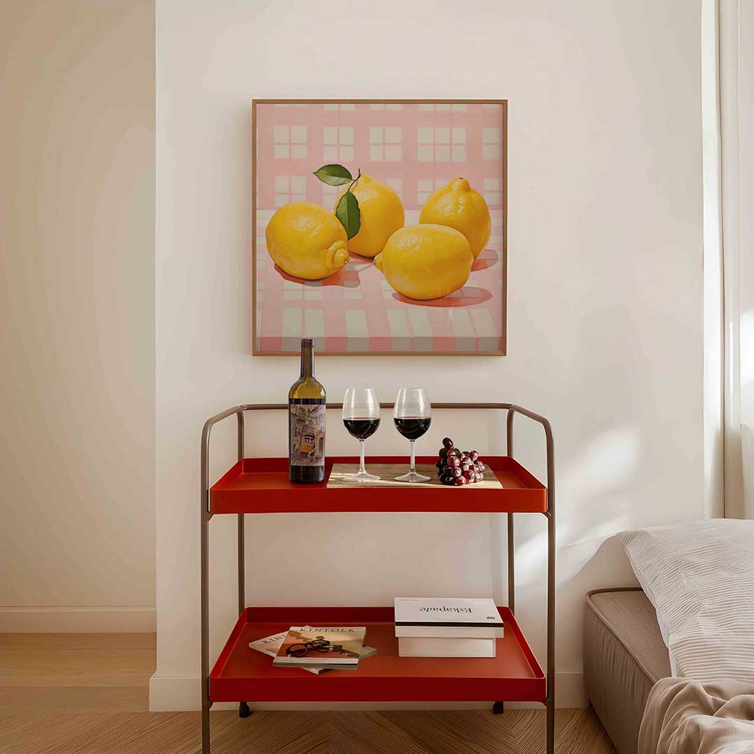 Citroenen op tafel – vierkante keuken wanddecoratie van WallArtistic
