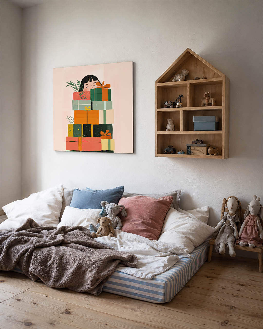 Vrolijke cadeau stapel kunstwerk – derde productweergave – dit kunstwerk toont een stapel kleurrijke cadeaus met een persoon