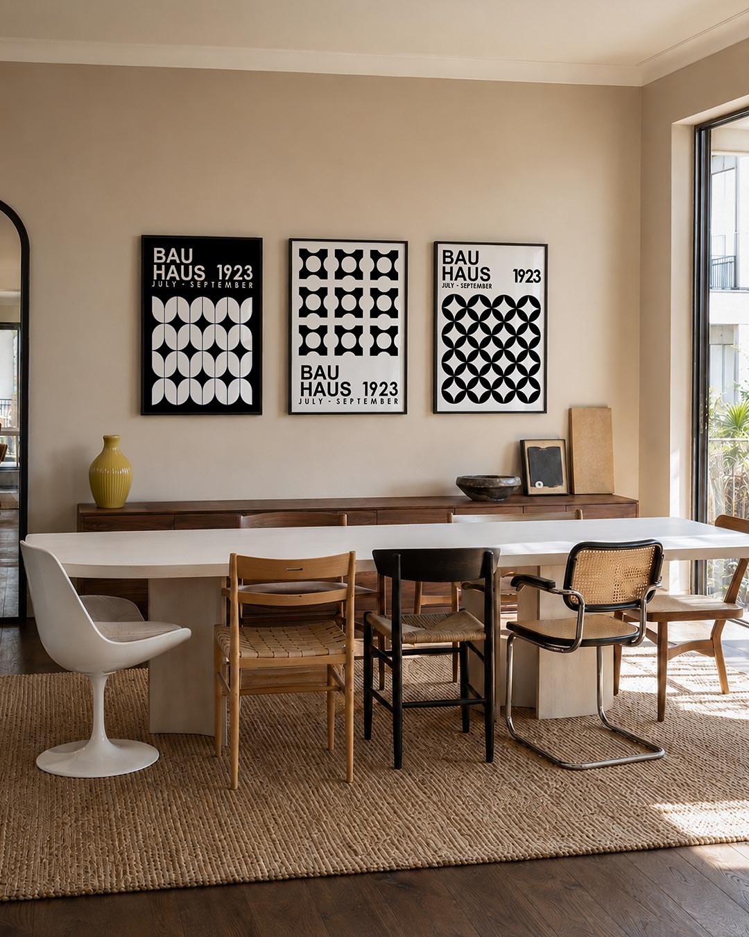 Vorm en ritme posterset – tweede productweergave – deze posterset in drie delen toont een strak lijnenspel van witte vormen