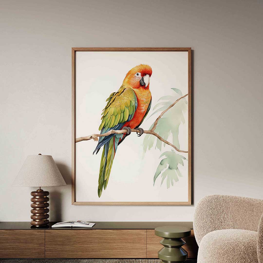 Papegaai op tak – tropische jungle poster in staand formaat