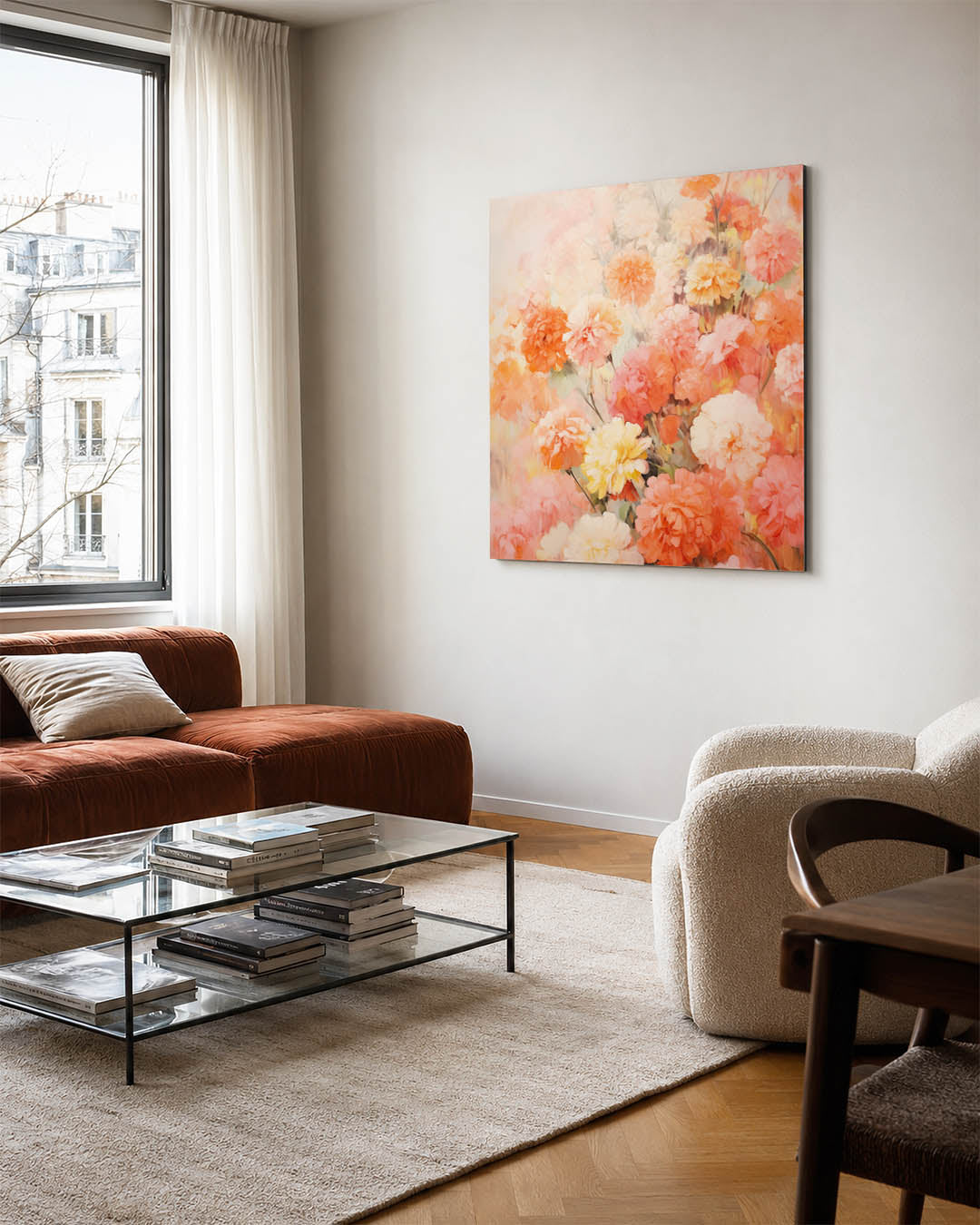 Bloemenexplosie kunstwerk – vierkante wanddecoratie – dit werk toont een overvloed aan bloemen in warme tinten. De compositie