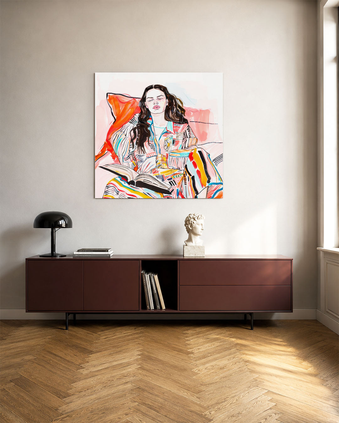 Kleurrijke lezing kunstwerk – tweede productweergave – dit werk toont een persoon in een kleurrijke omgeving met levendige
