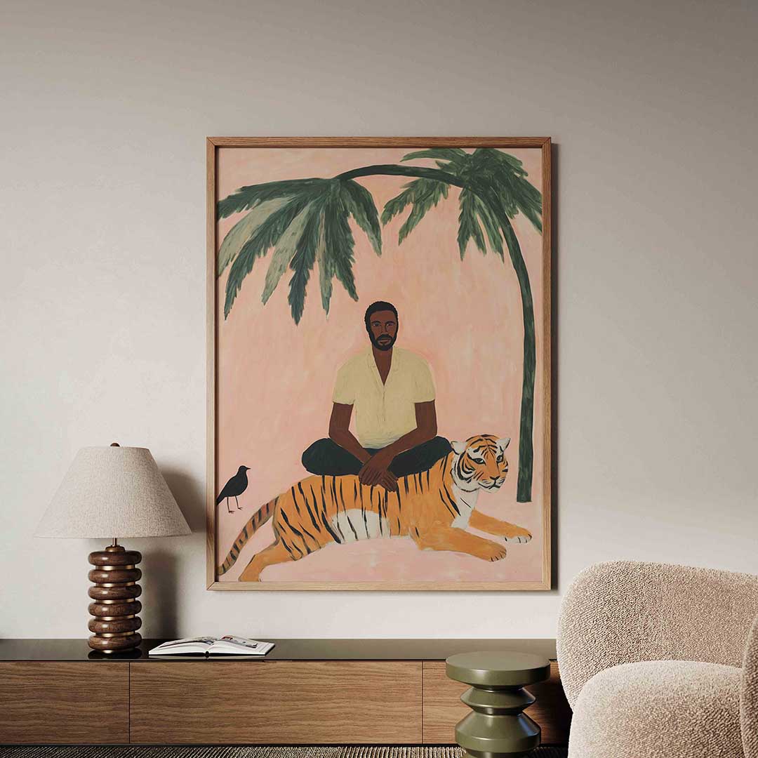 Man met tijger en palm – tropische jungle poster in staand formaat