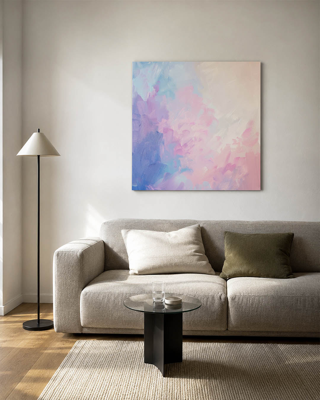Kleurrijke droomvlucht kunstwerk – vierkante wanddecoratie – dit werk toont een zachte mengeling van kleuren met vloeiende