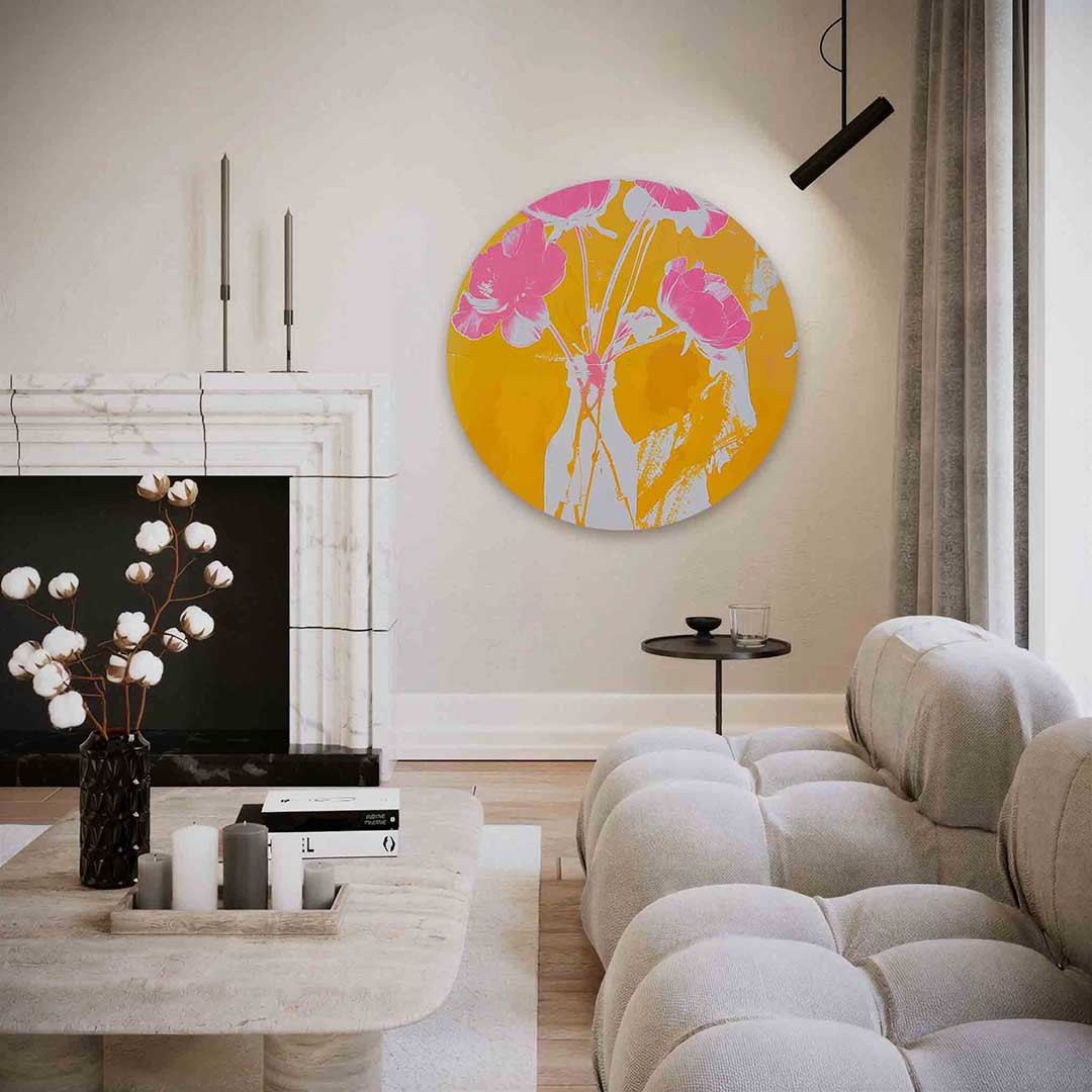 Roze bloemen in vaas – abstracte textuur muurcirkel als wanddecoratie