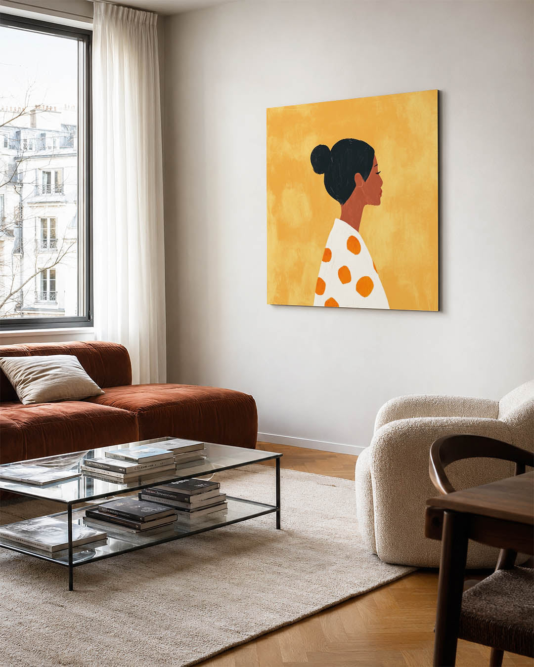 Vrouwelijk silhouet kunstwerk – vierkante wanddecoratie – dit werk toont een vrouwelijk silhouet tegen een warme achtergrond.