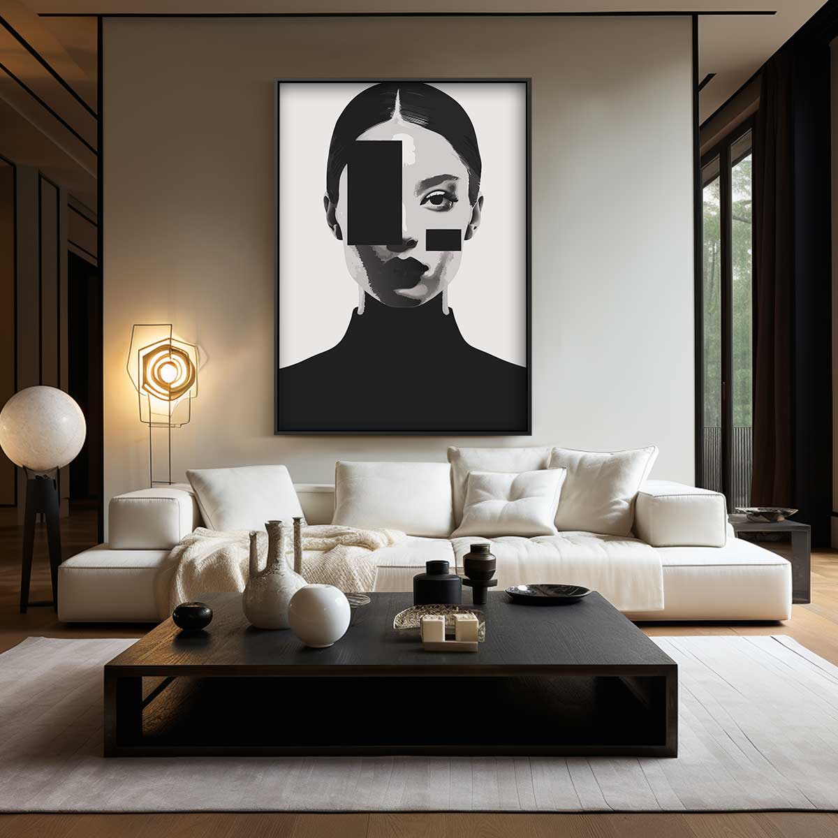 Geometrisch Portret in Zwart-Wit – staand kunstwerk voor modern interieur