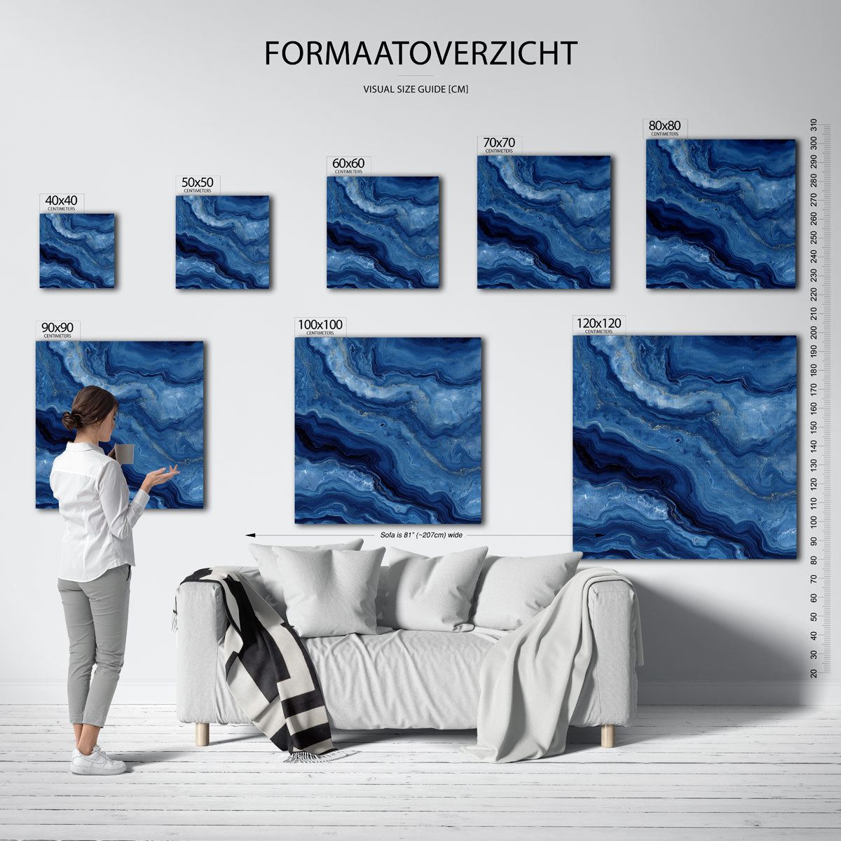 Blauwe marmerstructuur – vierkante muurposter met abstracte vormen
