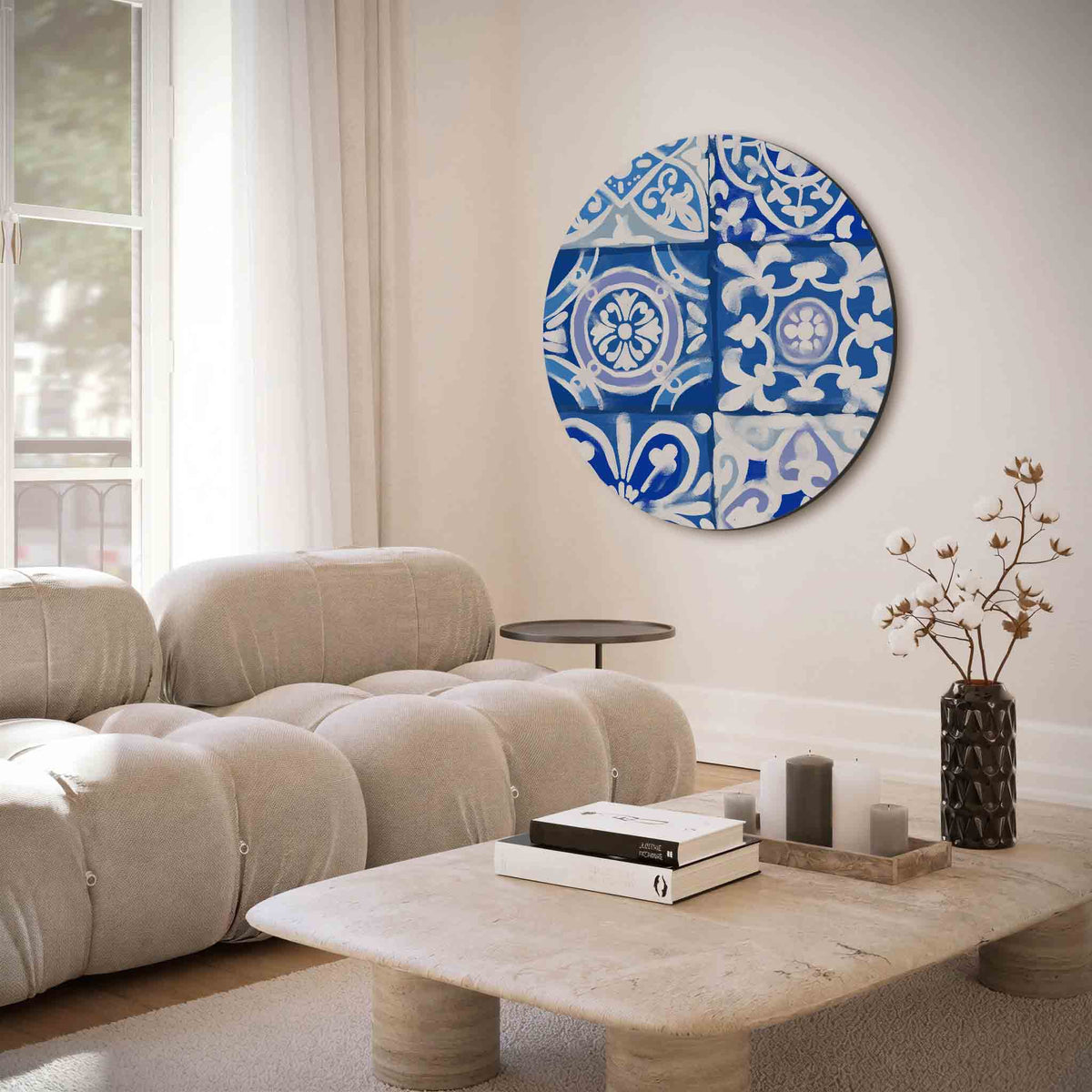 Blauw witte tegelpatronen – muurcirkel met abstracte texturen voor aan de muur