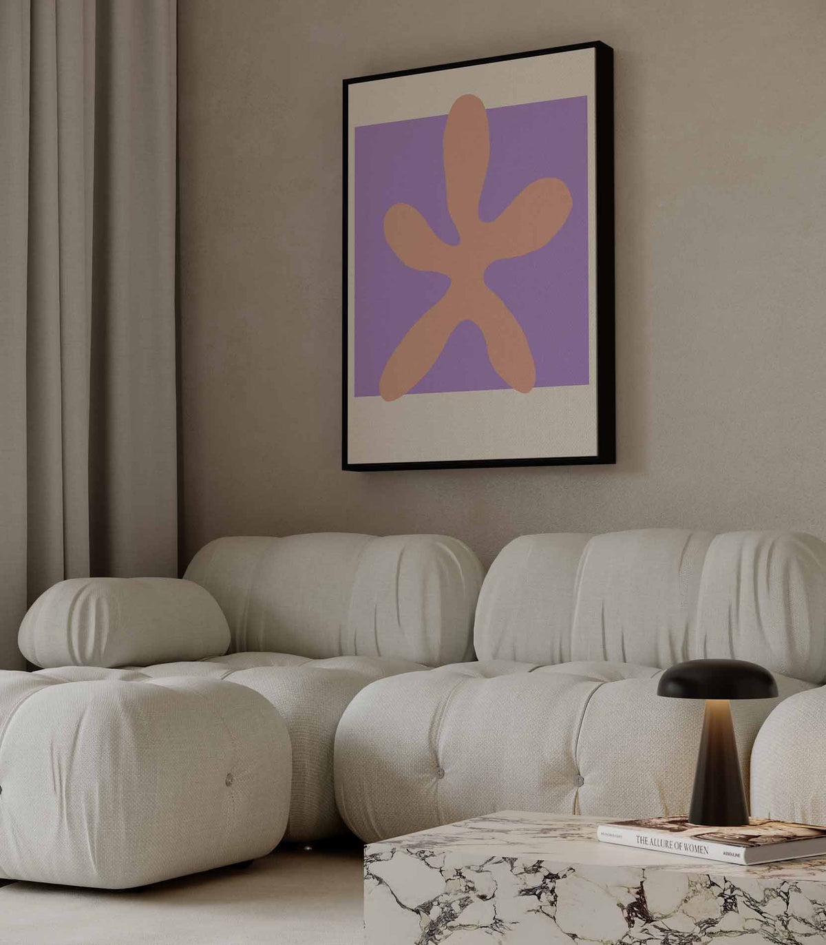 Zachte Vorm op Paarse Achtergrond – staande wandkunst voor woonkamer of interieur