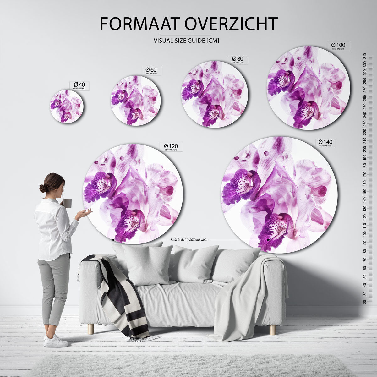 Paarse orchideeën – geïllustreerde wandkunst als moderne muurcirkel