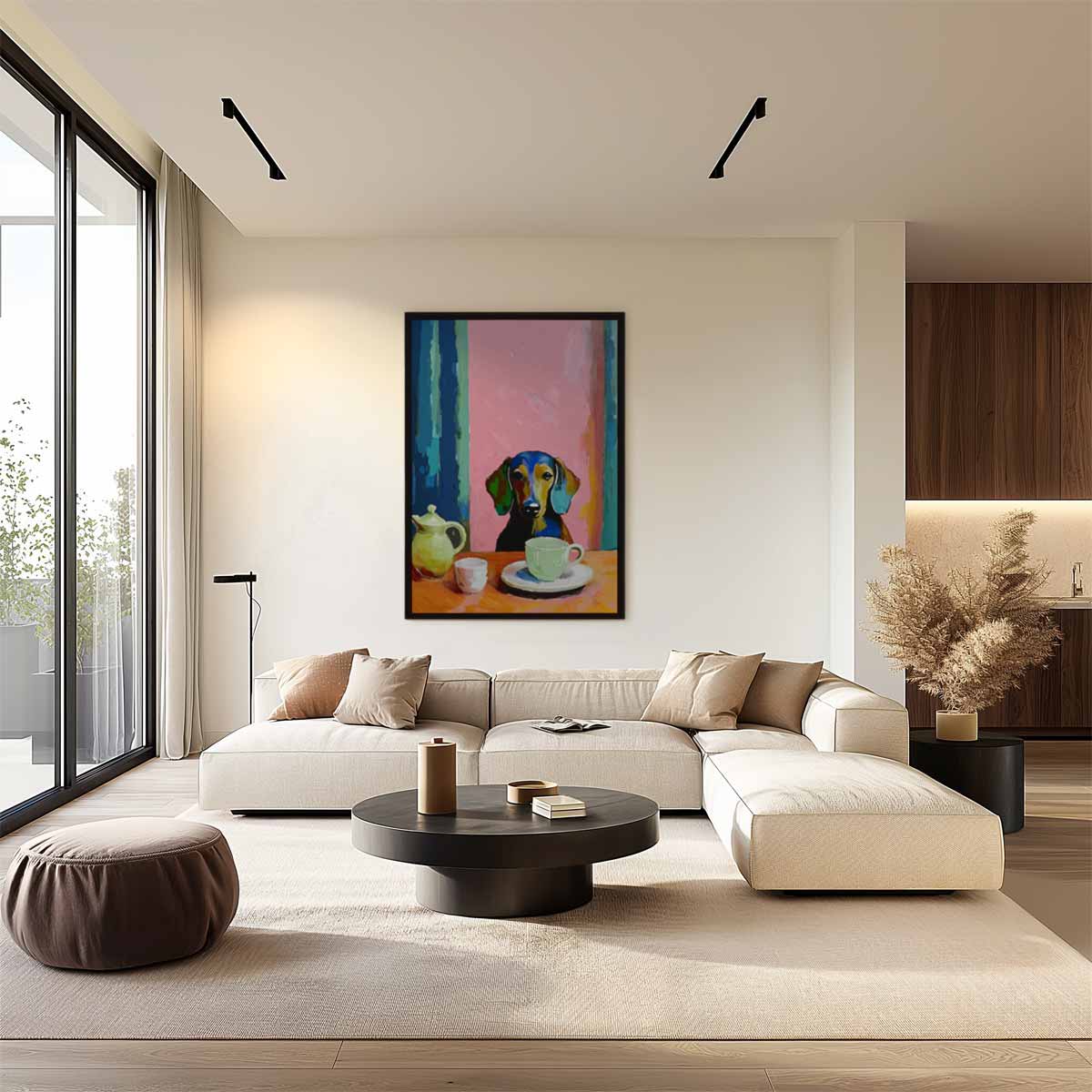 Koffiepauze met Teckel – staand kunstwerk voor modern interieur