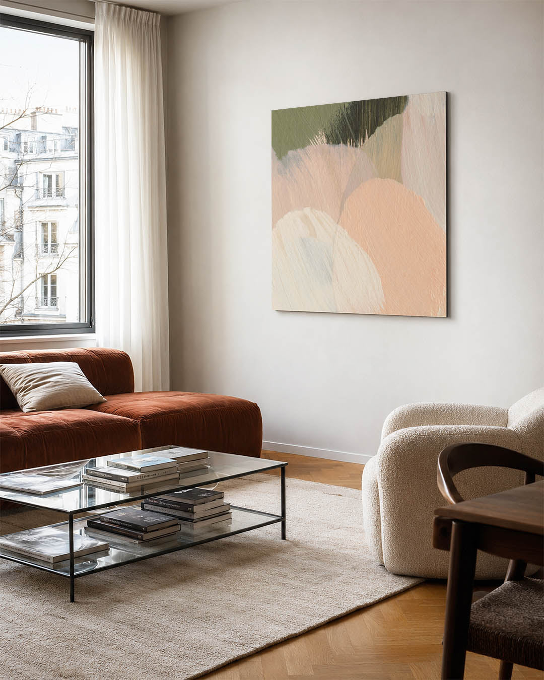Organische vormen compositie kunstwerk – vierkante wanddecoratie – dit kunstwerk toont zachte, vloeiende vormen in een