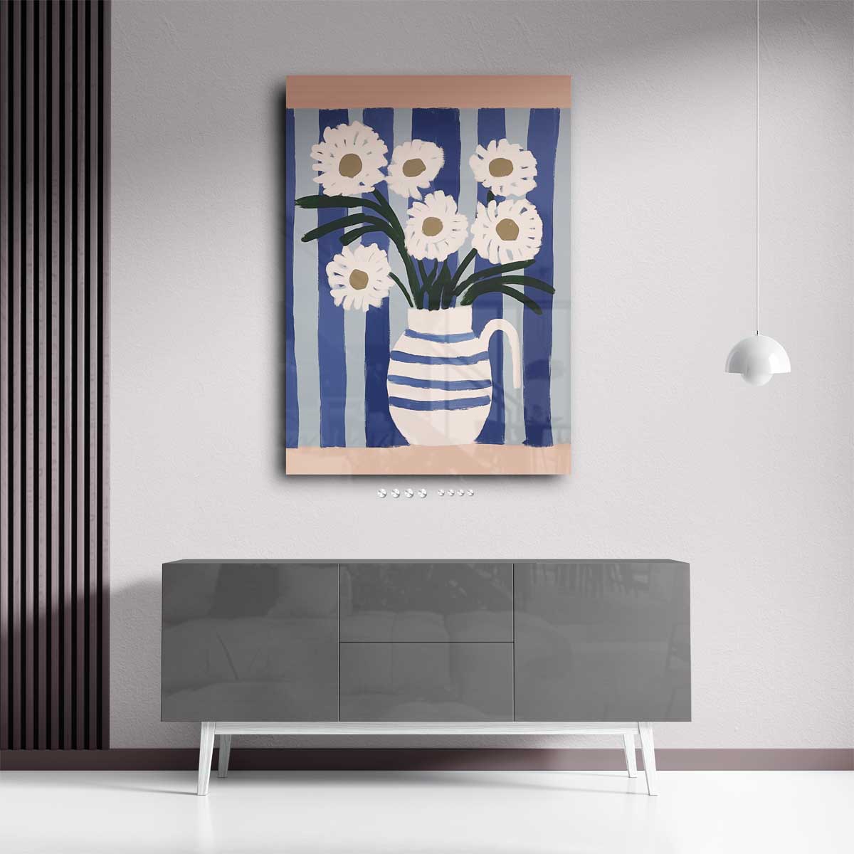 Bloemen in Blauwe Strepen – plexiglas wanddecoratie in portret formaat