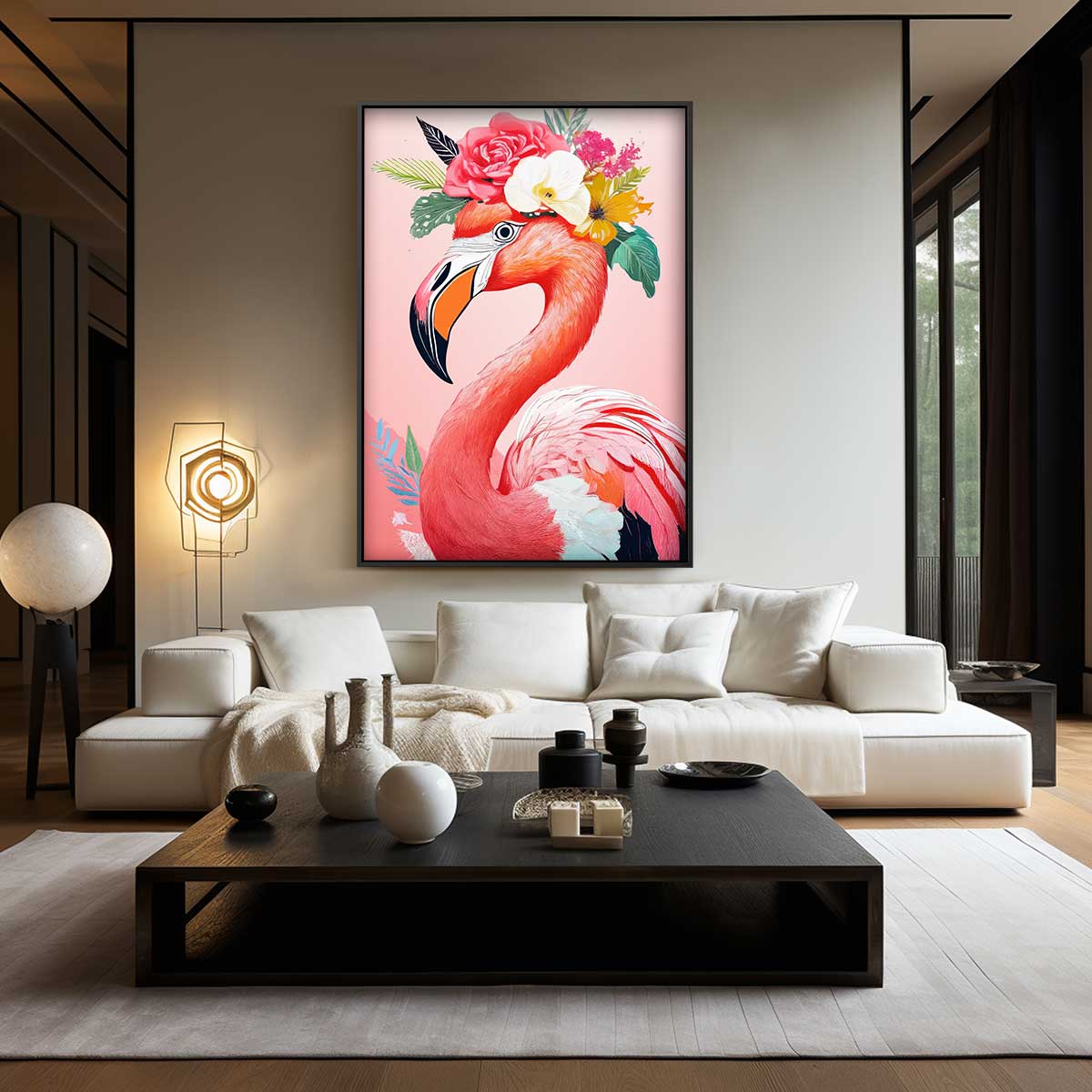 Bloemrijke Flamingo – canvas wanddecoratie in portret formaat